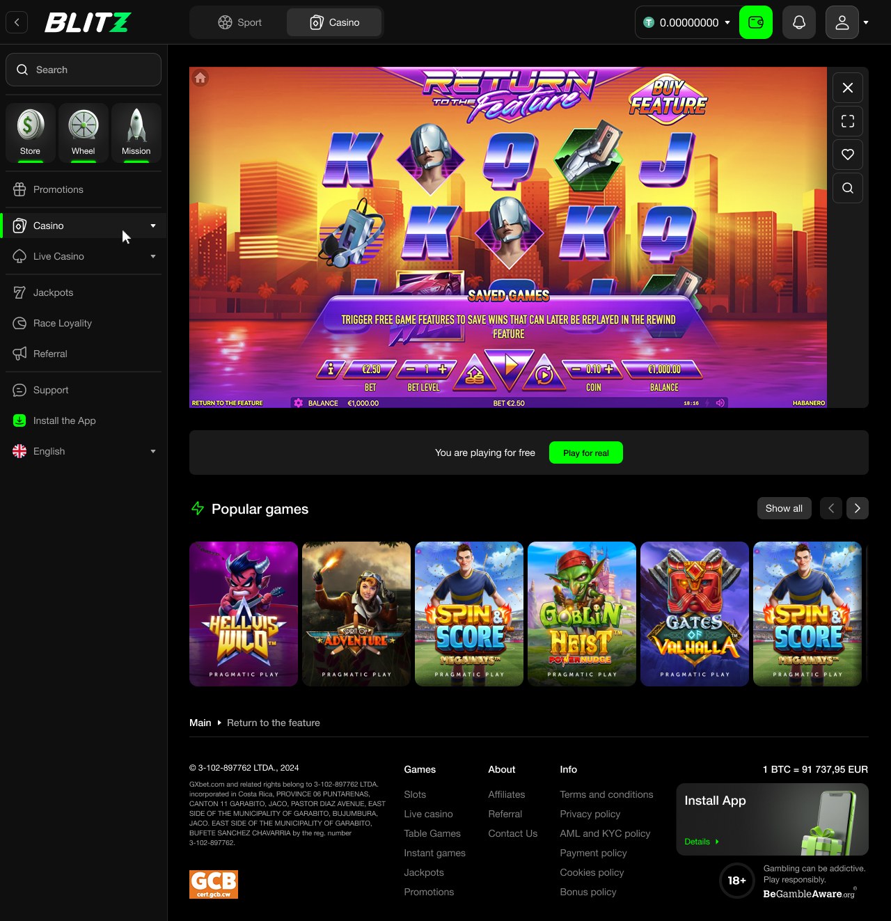 Interface του Blitz Live Casino